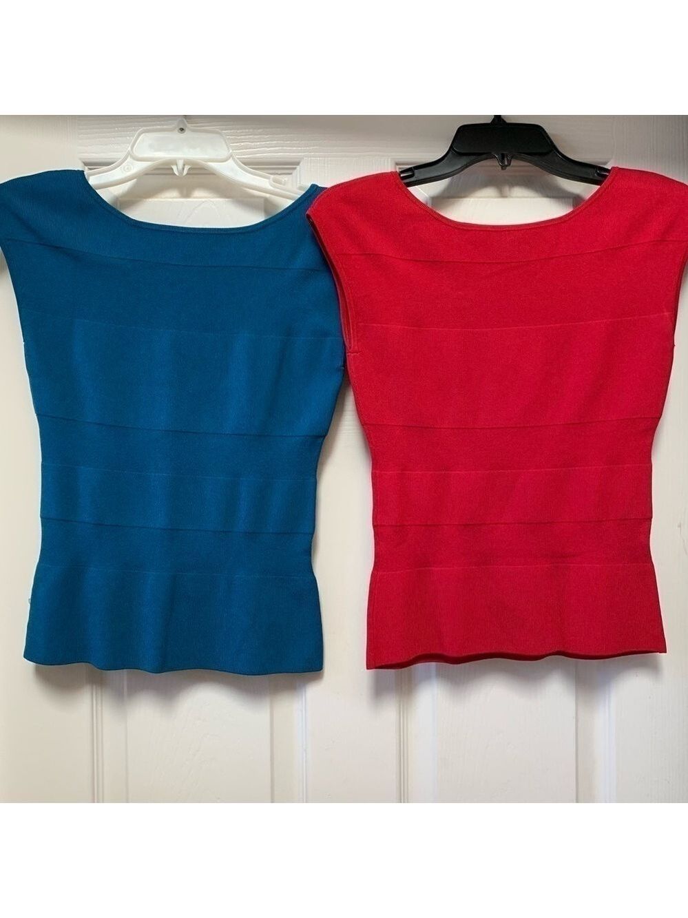 Two Red Teal Texture Stripe Shell Tops Bodycon Sleeveless Stretchy